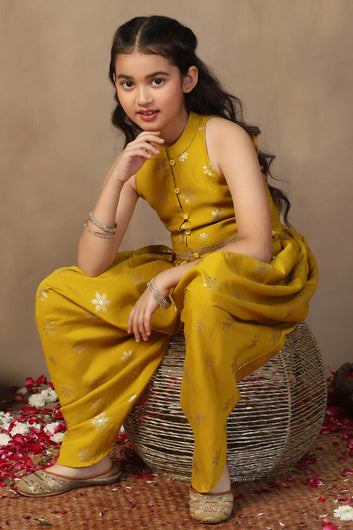 Girl's Yellow Roman Silk Foil Printed Crop Top and Dhoti Set