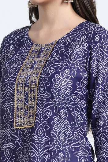 Womens Dark Blue Cotton Blend Bandhani Printed Ankle Length Straight Kurta And Trouser With Dupatta Set