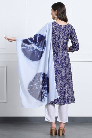 Womens Dark Blue Cotton Blend Bandhani Printed Ankle Length Straight Kurta And Trouser With Dupatta Set