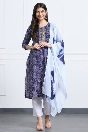 Womens Dark Blue Cotton Blend Bandhani Printed Ankle Length Straight Kurta And Trouser With Dupatta Set