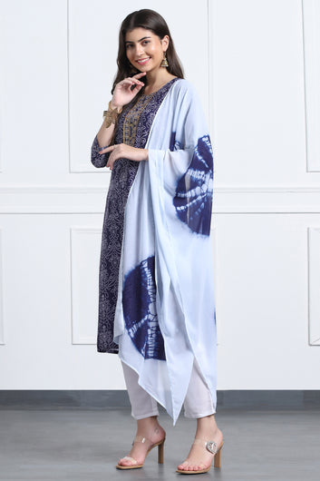 Womens Dark Blue Cotton Blend Bandhani Printed Ankle Length Straight Kurta And Trouser With Dupatta Set