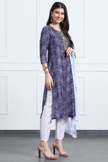 Womens Dark Blue Cotton Blend Bandhani Printed Ankle Length Straight Kurta And Trouser With Dupatta Set