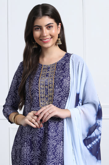 Womens Dark Blue Cotton Blend Bandhani Printed Ankle Length Straight Kurta And Trouser With Dupatta Set