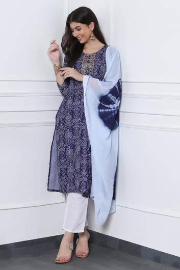 Womens Dark Blue Cotton Blend Bandhani Printed Ankle Length Straight Kurta And Trouser With Dupatta Set