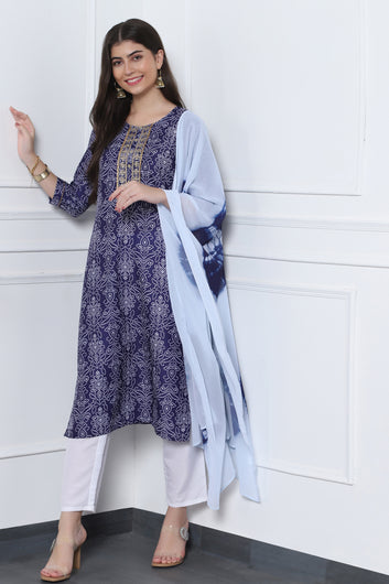 Womens Dark Blue Cotton Blend Bandhani Printed Ankle Length Straight Kurta And Trouser With Dupatta Set