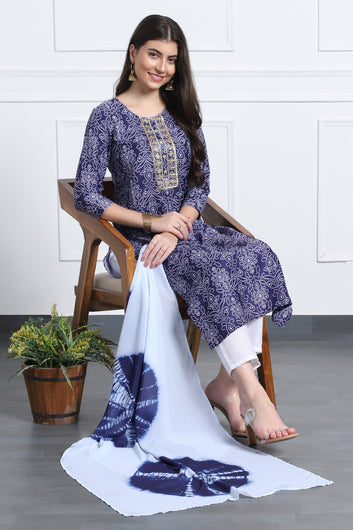 Womens Dark Blue Cotton Blend Bandhani Printed Ankle Length Straight Kurta And Trouser With Dupatta Set