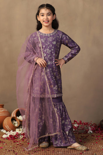 Girl's violet Roman Silk Foil Printed Salwar Suit Set with Dupatta