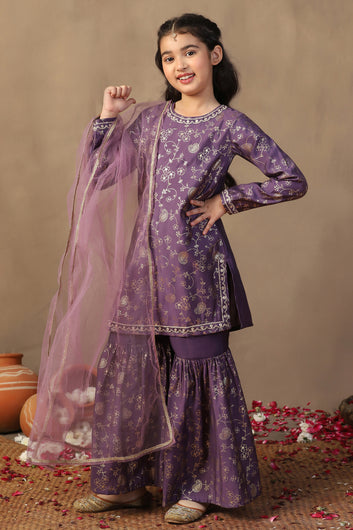Girl's violet Roman Silk Foil Printed Salwar Suit Set with Dupatta