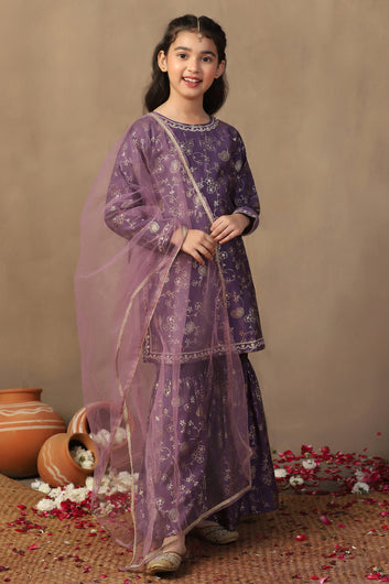Girl's violet Roman Silk Foil Printed Salwar Suit Set with Dupatta