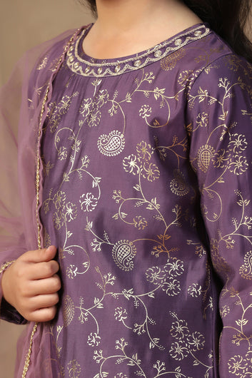 Girl's violet Roman Silk Foil Printed Salwar Suit Set with Dupatta