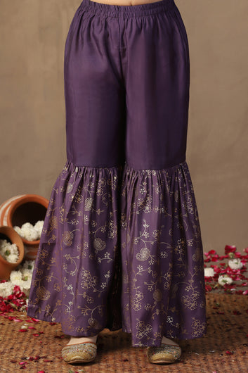 Girl's violet Roman Silk Foil Printed Salwar Suit Set with Dupatta