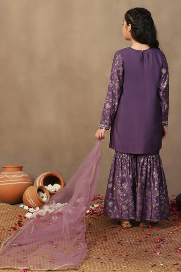 Girl's violet Roman Silk Foil Printed Salwar Suit Set with Dupatta