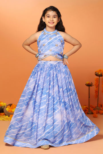 Girls Blue Georgette Leheriya Printed Readymade Lehenga With Choli Set