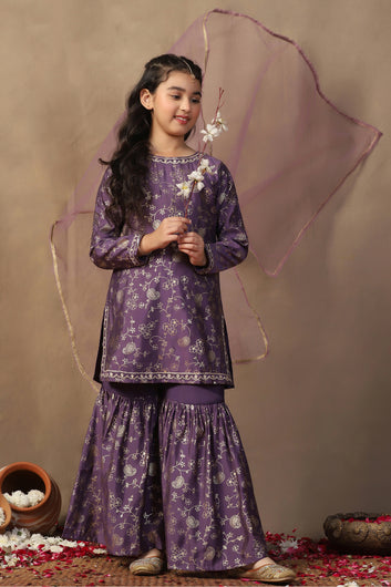 Girl's violet Roman Silk Foil Printed Salwar Suit Set with Dupatta