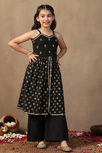 Girls Black Roman Silk Foil Printed Kurta and Palazzo Set