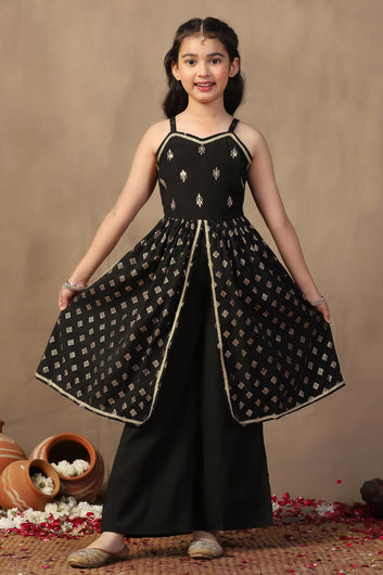 Girls Black Roman Silk Foil Printed Kurta and Palazzo Set