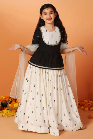 Girls Black & White Roman Silk Embroidered Lehenga Choli With Dupatta