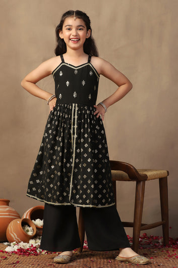 Girls Black Roman Silk Foil Printed Kurta and Palazzo Set