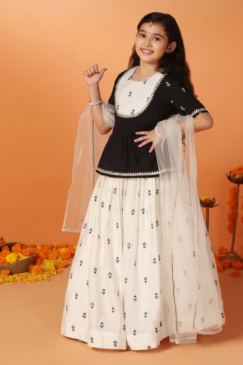Girls Black & White Roman Silk Embroidered Lehenga Choli With Dupatta