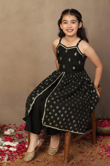 Girls Black Roman Silk Foil Printed Kurta and Palazzo Set
