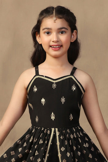 Girls Black Roman Silk Foil Printed Kurta and Palazzo Set