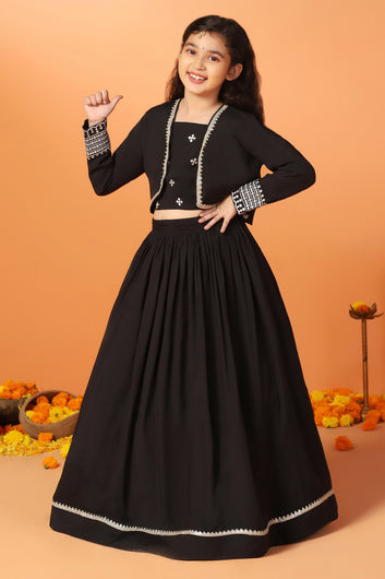 Girls's Black Roman Silk Embroidered Lehenga Choli and Jecket Set
