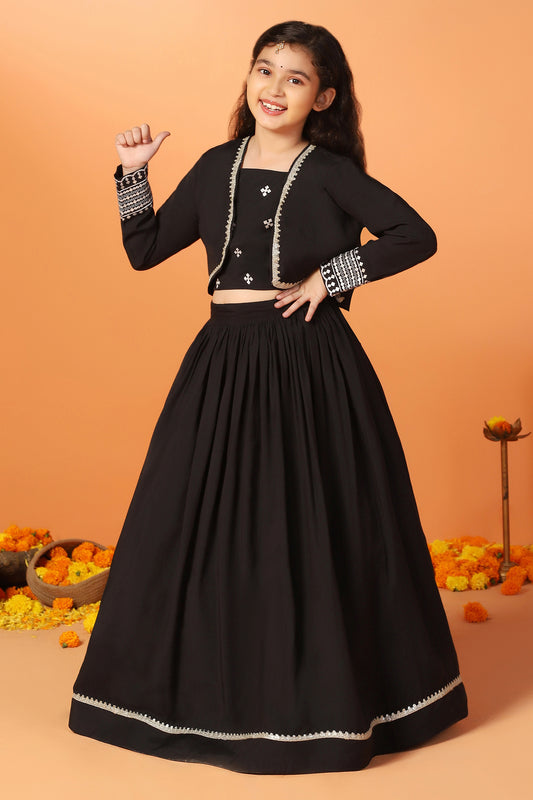 Girls's Black Roman Silk Embroidered Lehenga Choli and Jecket Set