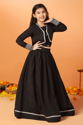 Girls's Black Roman Silk Embroidered Lehenga Choli and Jecket Set