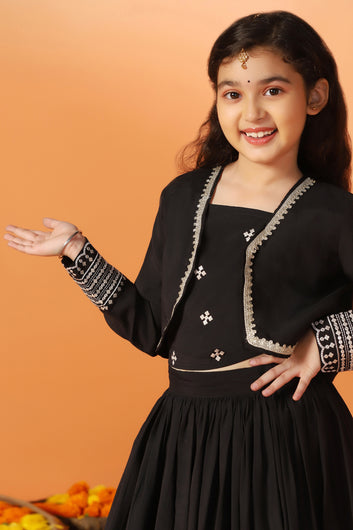 Girls's Black Roman Silk Embroidered Lehenga Choli and Jecket Set