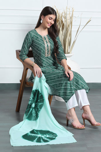 Womens Green Cotton Blend Stripe Printed Ankle Length Straight Kurta And Trouser With Dupatta Set