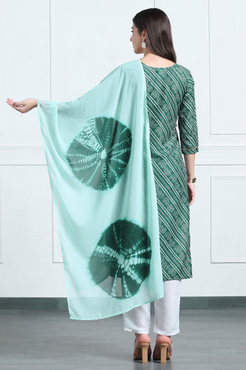 Womens Green Cotton Blend Stripe Printed Ankle Length Straight Kurta And Trouser With Dupatta Set