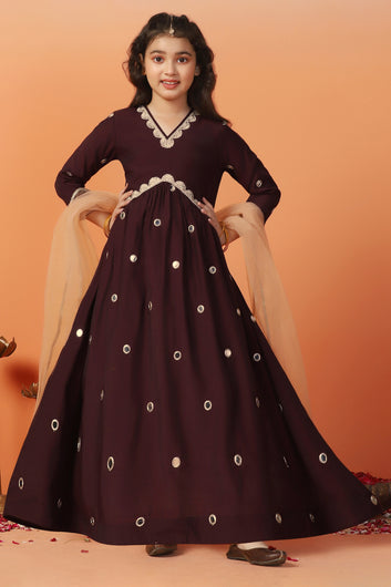 Girls Brown Embroidered Chanderi Fit & Flare Empire Waist Maxi Length Dress With Dupatta Set