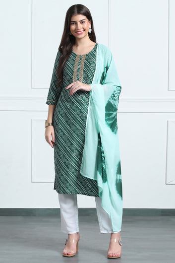 Womens Green Cotton Blend Stripe Printed Ankle Length Straight Kurta And Trouser With Dupatta Set