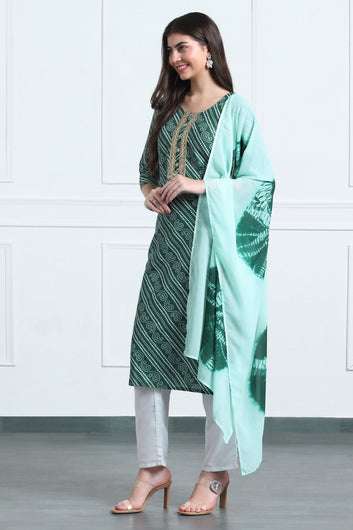 Womens Green Cotton Blend Stripe Printed Ankle Length Straight Kurta And Trouser With Dupatta Set