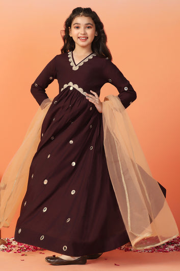 Girls Brown Embroidered Chanderi Fit & Flare Empire Waist Maxi Length Dress With Dupatta Set