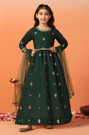 Girls Green Chanderi Silk Embroidered Maxi Dress With Dupatta
