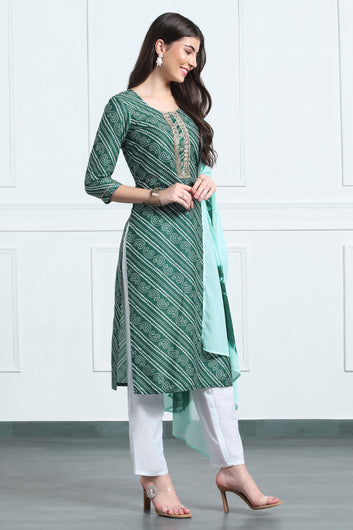 Womens Green Cotton Blend Stripe Printed Ankle Length Straight Kurta And Trouser With Dupatta Set