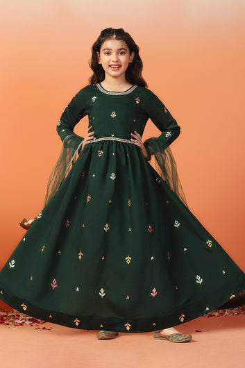 Girls Green Chanderi Silk Embroidered Maxi Dress With Dupatta