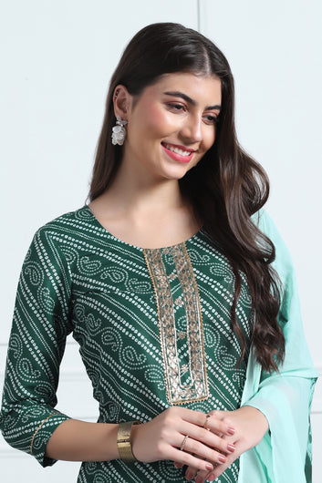 Womens Green Cotton Blend Stripe Printed Ankle Length Straight Kurta And Trouser With Dupatta Set