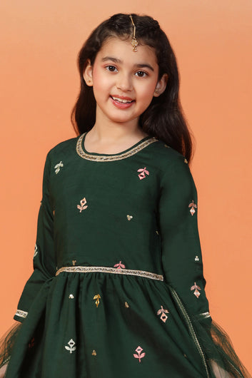 Girls Green Chanderi Silk Embroidered Maxi Dress With Dupatta
