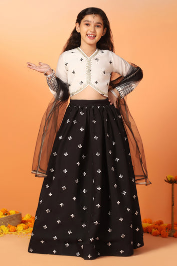 Girl's Black Silk Blend Embroidered Lehenga Choli Dupatta Set