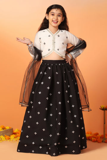 Girl's Black Silk Blend Embroidered Lehenga Choli Dupatta Set