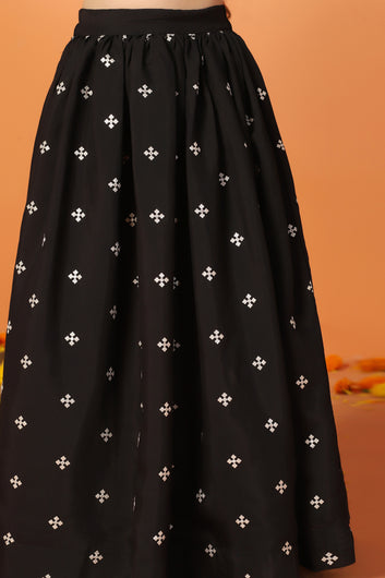 Girl's Black Silk Blend Embroidered Lehenga Choli Dupatta Set