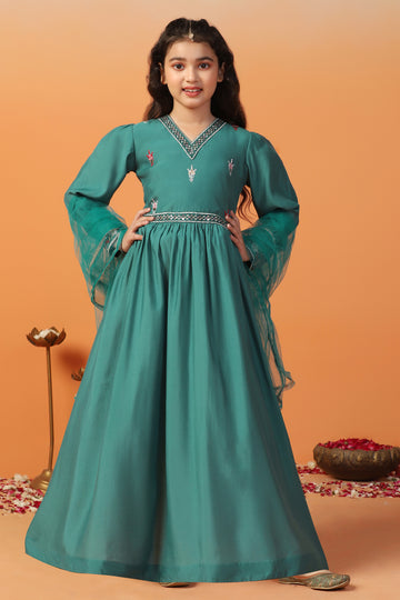 Girls Teal Chanderi Embroidered Gathered Maxi Length Dress With Dupatta Set