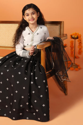 Girl's Black Silk Blend Embroidered Lehenga Choli Dupatta Set