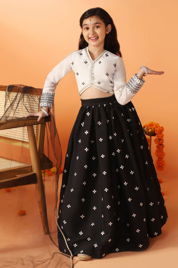 Girl's Black Silk Blend Embroidered Lehenga Choli Dupatta Set