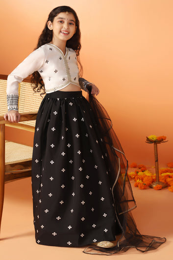 Girl's Black Silk Blend Embroidered Lehenga Choli Dupatta Set