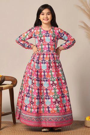 Girls Multicolor Chinon Patola Printed Fit & Flare Maxi Length Dress