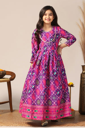 Girls Purple Chinon Patola Printed Fit & Flare Maxi Length Dress