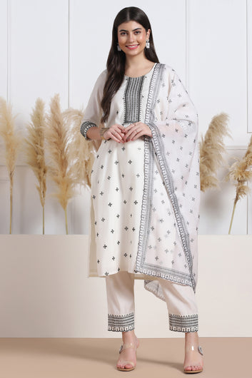 Womens White Cotton Blend Bandhani Printed Calf Length Kurta And Trouser With Dupatta Set